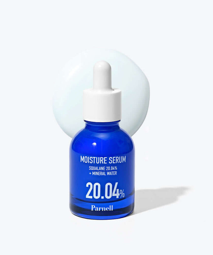 PARNELL Squalane 20.04 Mineral Water Moisture Serum 30ml blue bottle with dropper and cream background