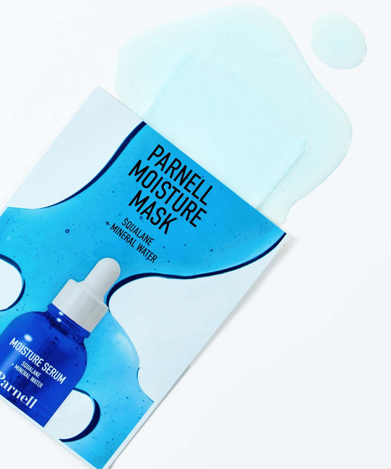PARNELL Squalane Mineral Water Moisture Mask packaging with serum drop, showcasing hydrating skincare formula.