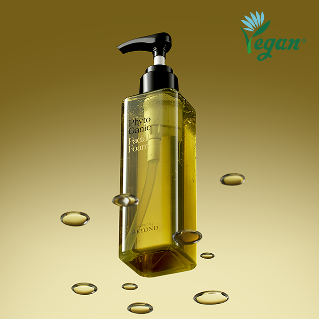 PASSION & BEYOND Phytoganic Facial Foam 200ml vegan skincare product with pump bottle and oil droplets.
