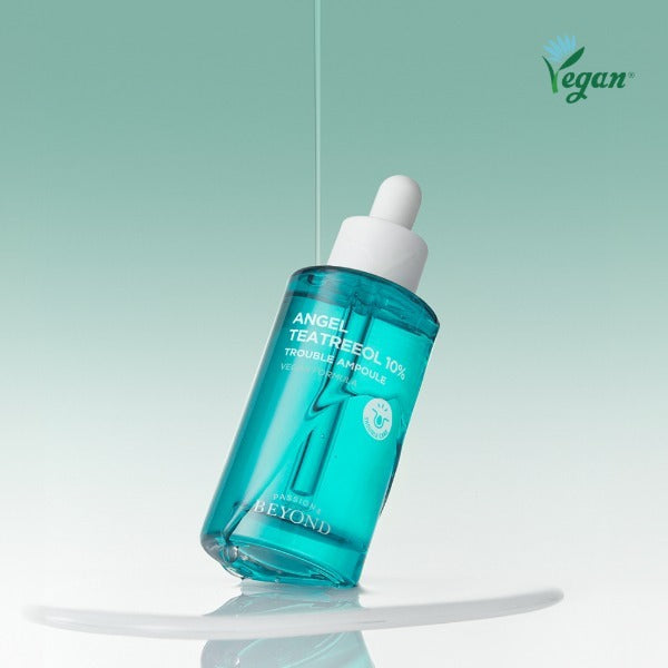 PASSION&BEYOND Angel Tea Tree 10% Trouble Ampoule 50ml bottle on display with vegan logo.