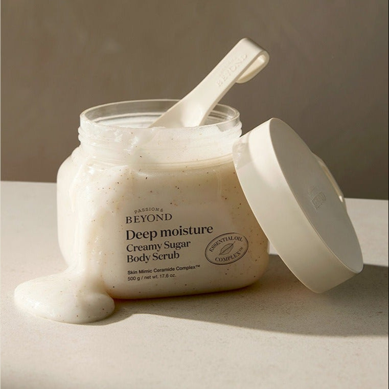 PASSION&BEYOND Deep Moisture Creamy Sugar Body Scrub 500g jar with open lid showing creamy texture.