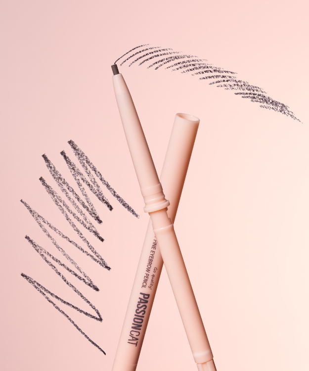 PASSION CAT Relay Fine Eyebrown Pencil 0.09g on a pink background with pencil strokes showing precision application.