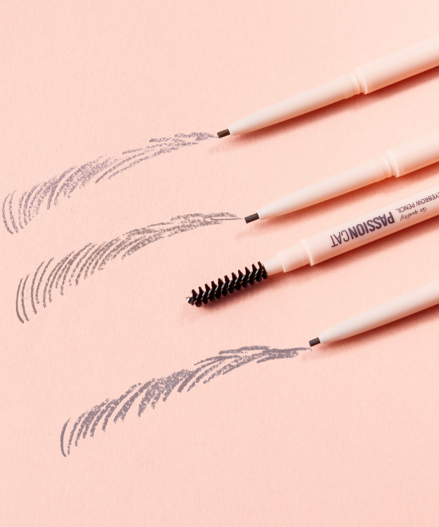 PASSION CAT Relay Fine Eyebrown Pencil 0.09g on pink background with fine eyebrow strokes