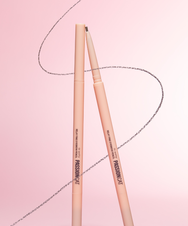PASSION CAT Relay Fine Eyebrown Pencil 0.09g in pink packaging with a soft background