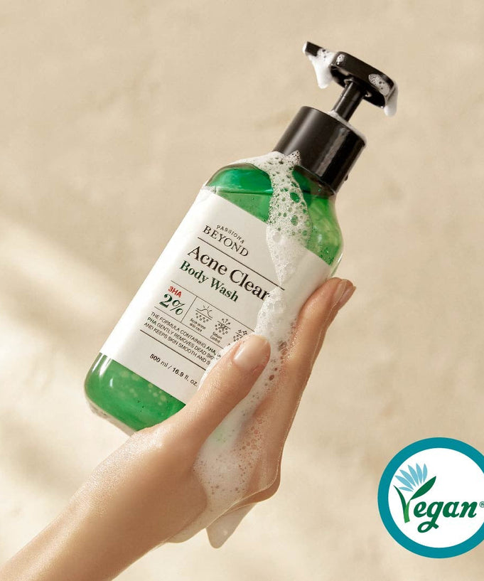 PASSON&BEYOND Acne Clear Body Wash 500ml in hand with vegan certification label