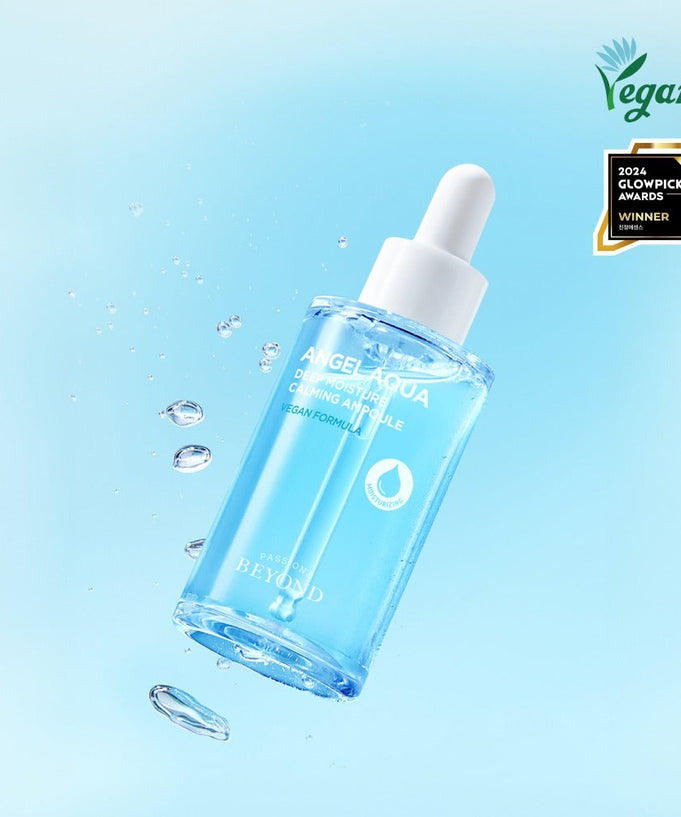 PASSION&BEYOND Angel Aqua Moisture Filled Soothing Ampoule 50ml with vegan certification and award badge on a blue background.