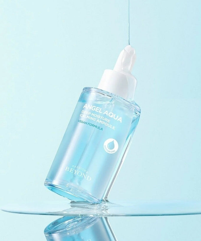 PASSION&BEYOND Angel Aqua Moisture Filled Soothing Ampoule 50ml bottle with dropper, featured in bright setting.