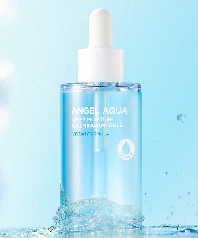 PASSION&BEYOND Angel Aqua Moisture Filled Soothing Ampoule 50ml displayed with a refreshing water splash background.
