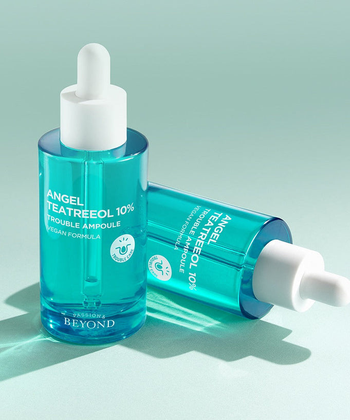 PASSION&BEYOND Angel Tea Tree 10% Trouble Ampoule 50ml bottles on light green background