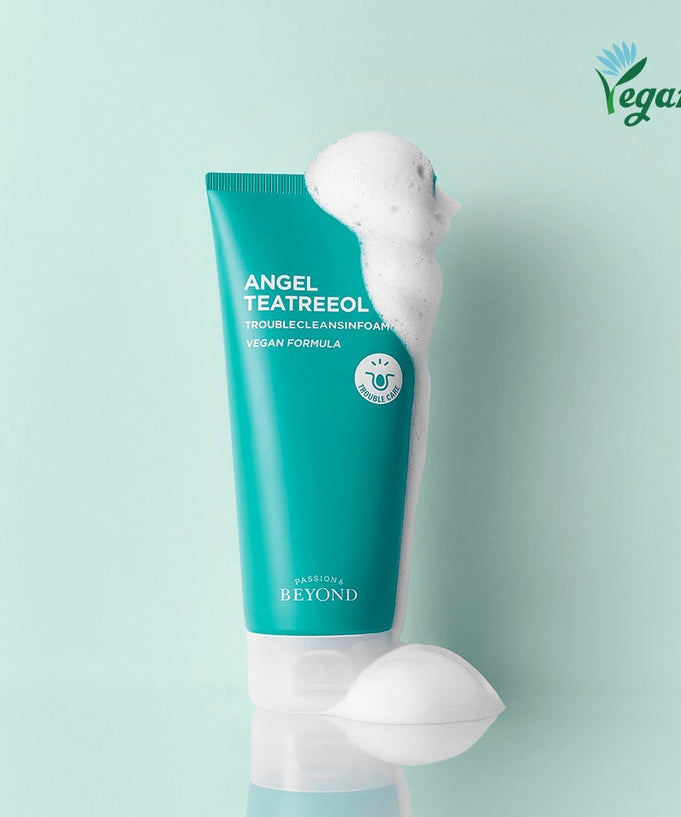 PASSION&BEYOND Angel Tea Tree Trouble Cleansing Foam 200ml in vegan formula with foaming texture displayed on teal background