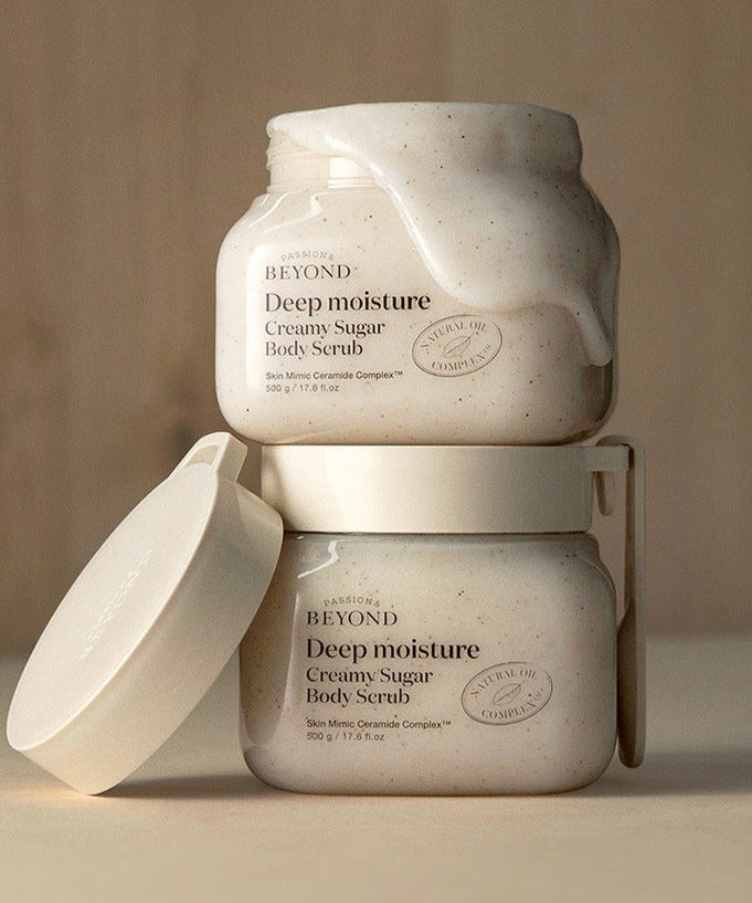 PASSION&BEYOND Deep Moisture Creamy Sugar Body Scrub 500g in two jars with open lid showing rich creamy texture