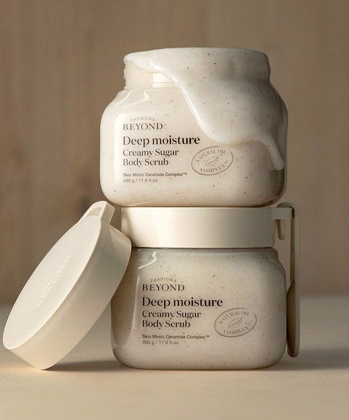PASSION&BEYOND Deep Moisture Creamy Sugar Body Scrub 500g in two jars with open lid showing rich creamy texture