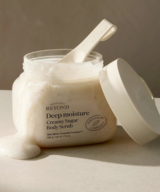 PASSION&BEYOND Deep Moisture Creamy Sugar Body Scrub 500g jar with open lid showing creamy texture.