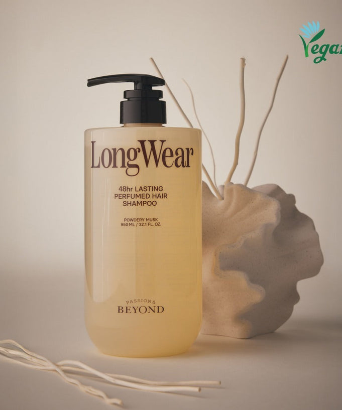 PASSON&BEYOND LongWear 48hr Lasting Perfumed Hair Shampoo 950ml bottle with natural decor, vegan formula focus