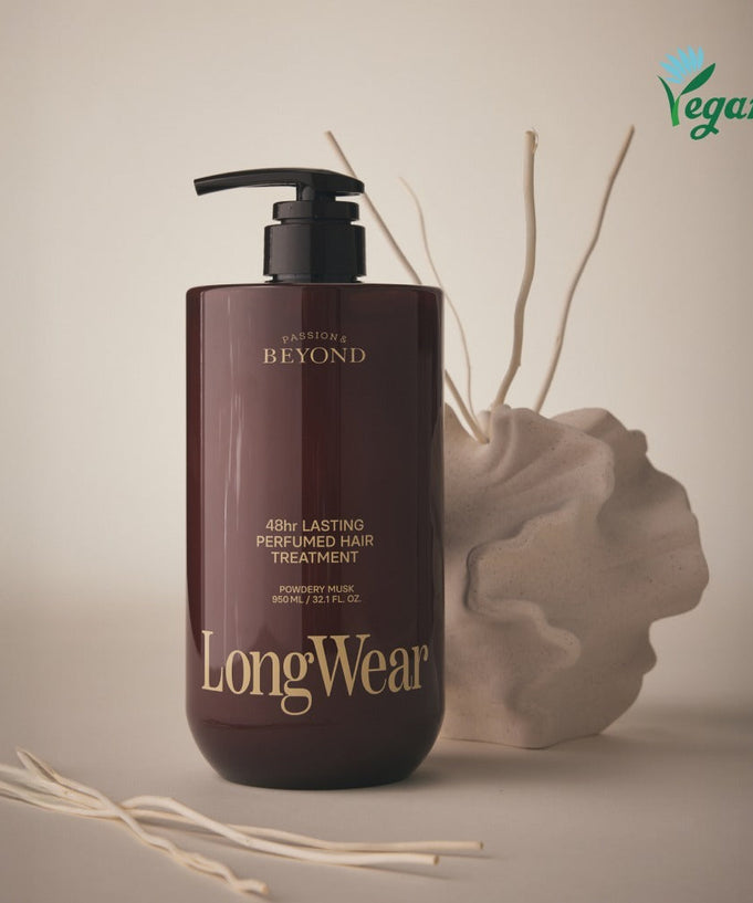 PASSON&BEYOND LongWear 48hr Lasting Perfumed Hair Treatment 950ml bottle with decorative background, labeled vegan
