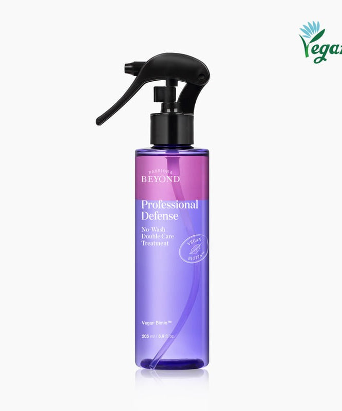 PASSON&BEYOND Profeesional Defense No-Wash Double Care Treatment 205ml bottle with vegan label, purple and black design.