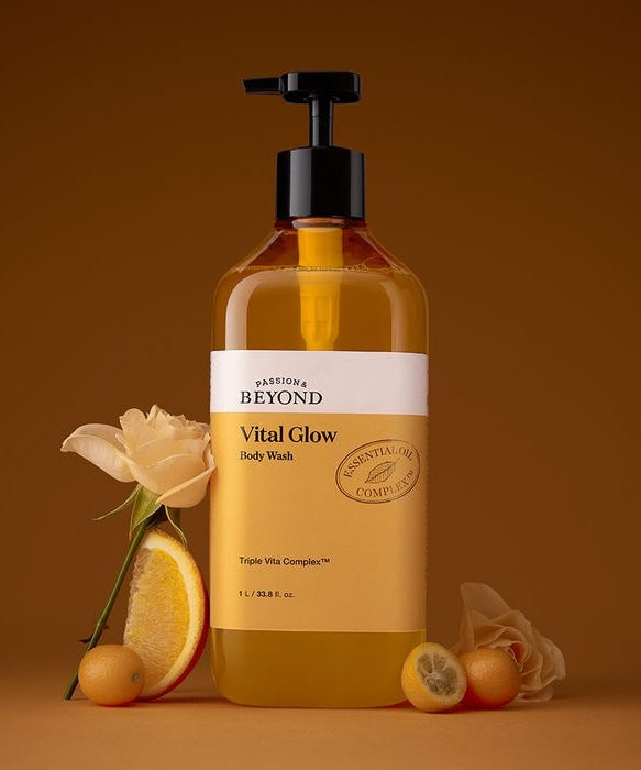 PASSON&BEYOND Vital Glow Body Wash 1L bottle with citrus and floral elements, showcasing the product's refreshing ingredients.
