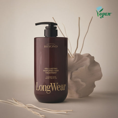 PASSON&BEYOND LongWear 48hr Lasting Perfumed Hair Treatment 950ml bottle with decorative background, labeled vegan