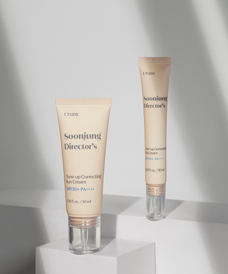 ETUDE Pure Director Tone-Up Correction Sunscreen Planning Set SPF50+/PA++++ on display with packaging under natural light