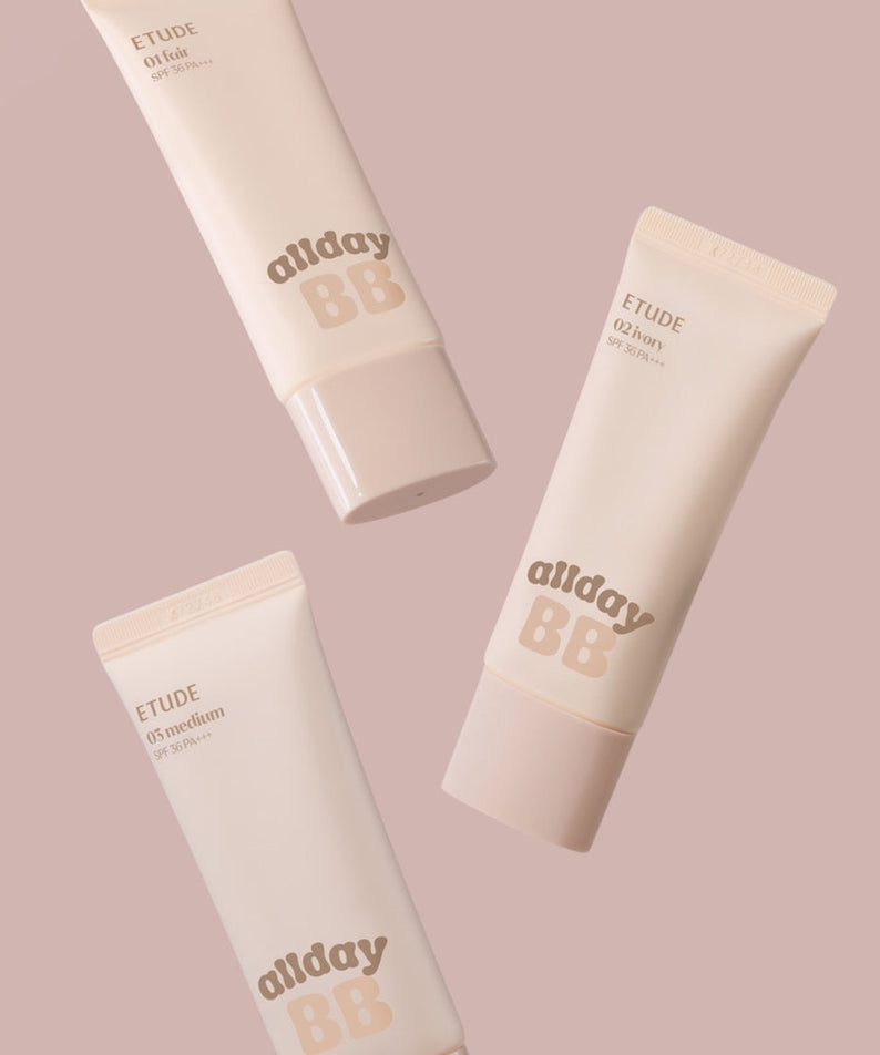 ETUDE All Day Clear BB Cream SPF36/PA+++ 35ml tubes displayed on a pink background.