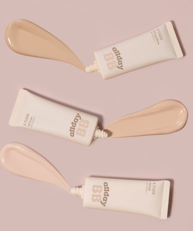 ETUDE All Day Clear BB Cream SPF36/PA+++ 35ml packaging and swatches displayed on a neutral background