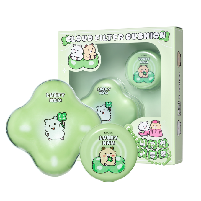 ETUDE Cloud Filter Cushion Set SPF42/PA+++[ Positive Love Edition] packaging and products with cute animal designs.