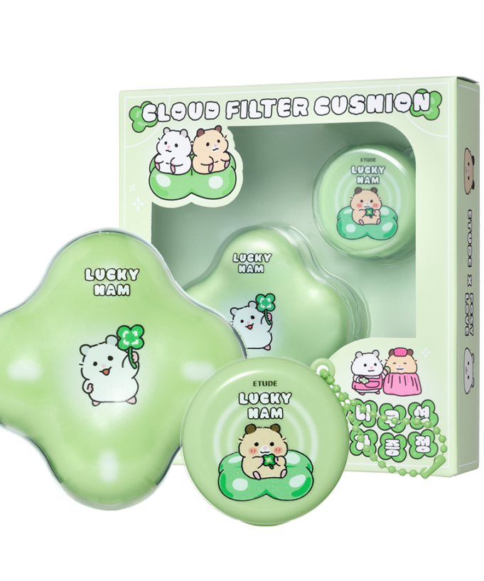 ETUDE Cloud Filter Cushion Set SPF42/PA+++[ Positive Love Edition] packaging and products with cute animal designs.