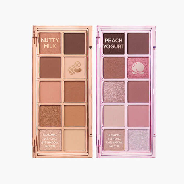 PEACH C Seasonal Blending Eyeshadow Palette (Sweet Topping) showing Nutty Milk and Peach Yogurt shades.