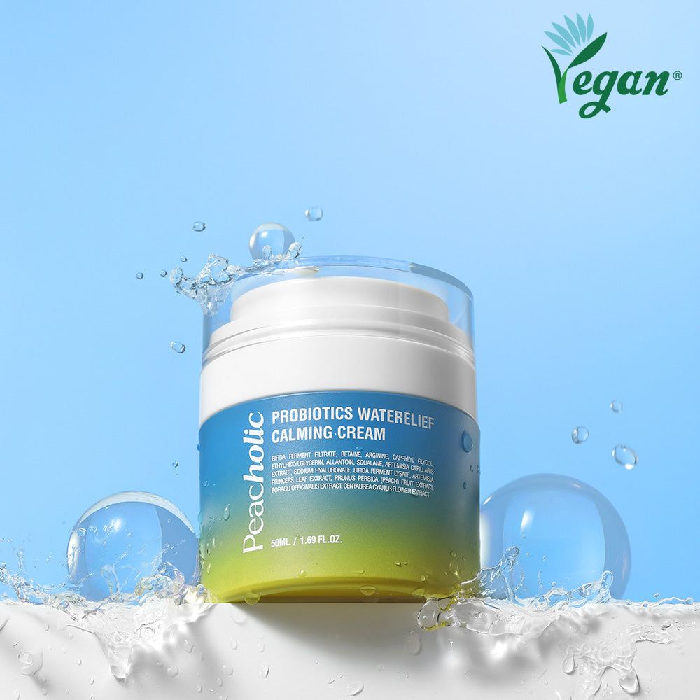 PEACHOLIC Probiotics Water Relief Calming Cream 50ml with vegan logo in blue and green packaging.