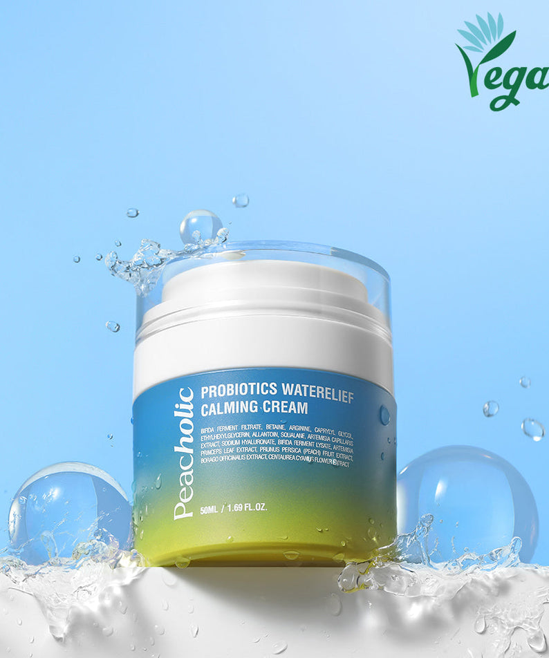 PEACHOLIC Probiotics Water Relief Calming Cream 50ml with vegan logo in blue and green packaging.