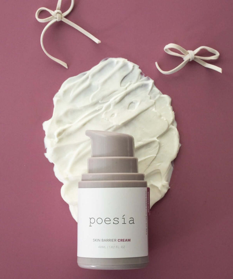 POESÃA Ceramide 3 Liposome Intensive Skin Barrier Cream 48ml on a textured background with decorative bows.