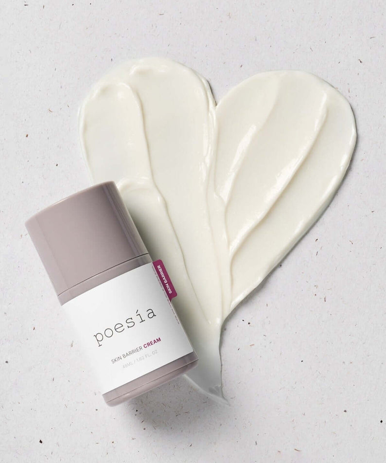 POESÃA Ceramide 3 Liposome Intensive Skin Barrier Cream 48ml next to heart-shaped cream smear