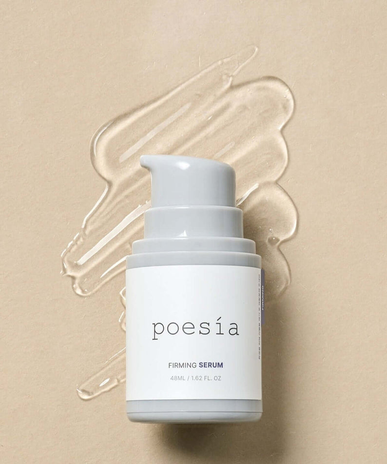 POESÃA Hydro Phyto Collagen Deep Farming Ampoule Serum 48ml bottle with textured beige background.