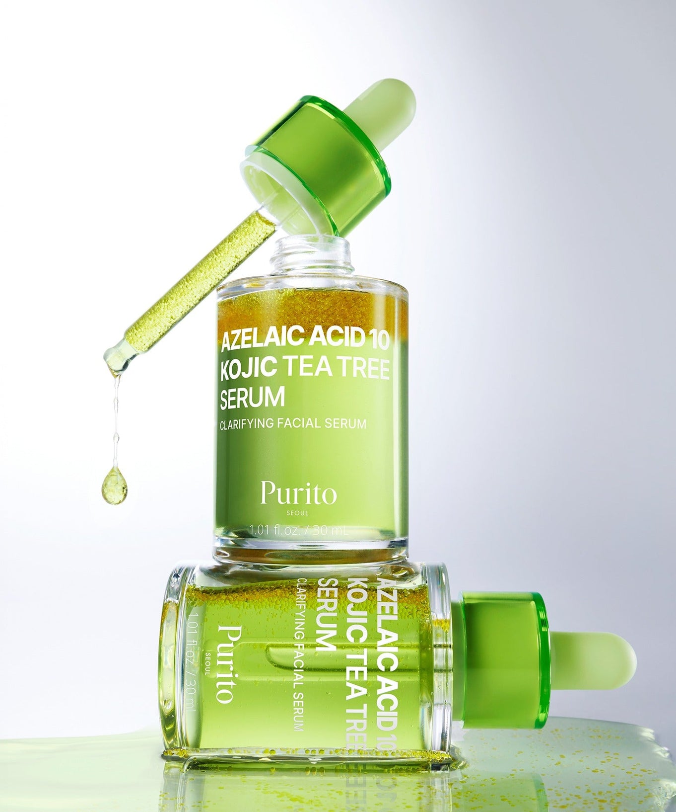 PURITO Azelaic Acid 10 Kojic Tea Tree Serum 30ml with dropper displaying serum