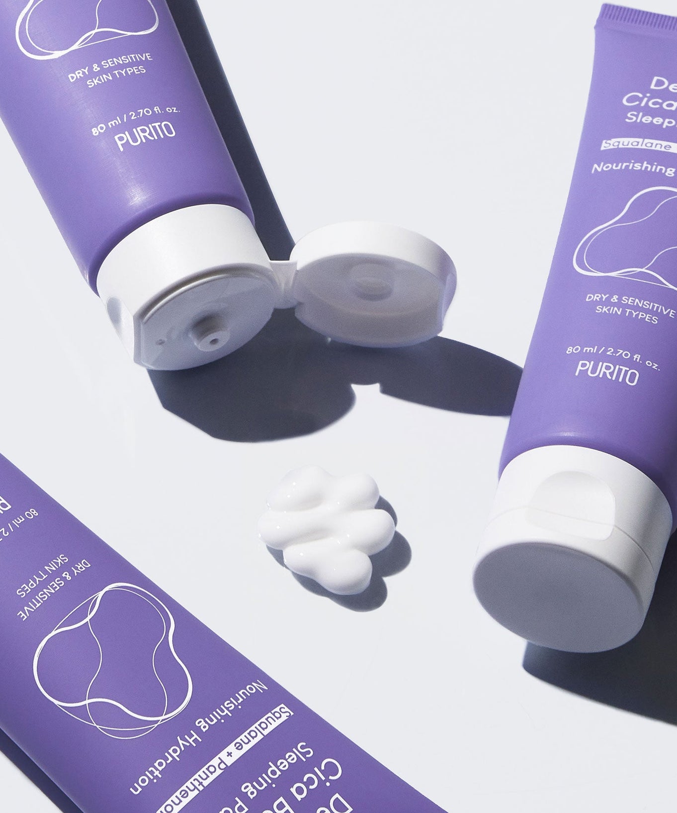 PURITO Dermaid Cica Barrier Sleeping Pack 80ml tubes displayed with cream texture