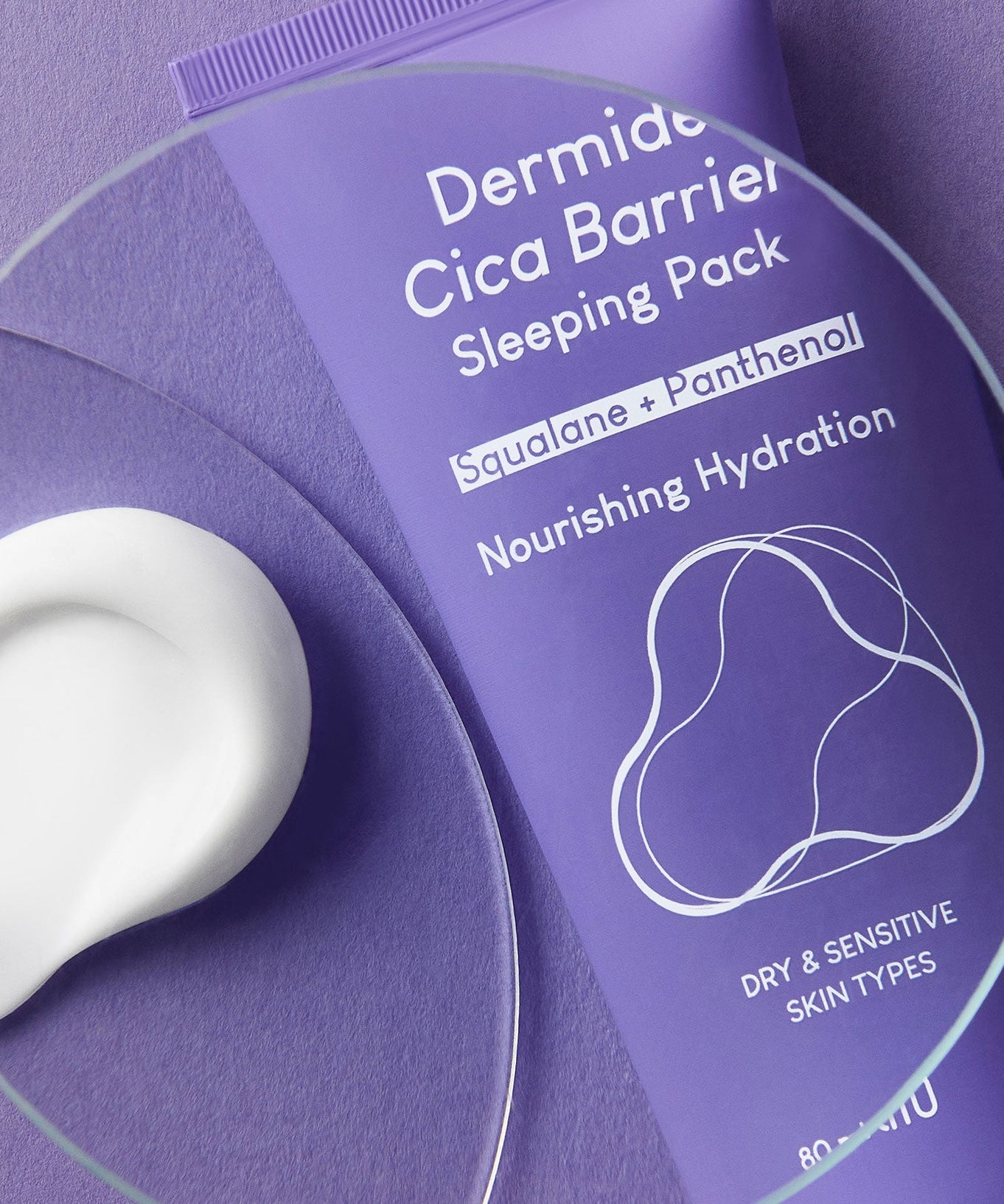 PURITO Dermaid Cica Barrier Sleeping Pack 80ml shown with creamy texture, highlighting squalane and panthenol for nourishing hydration.