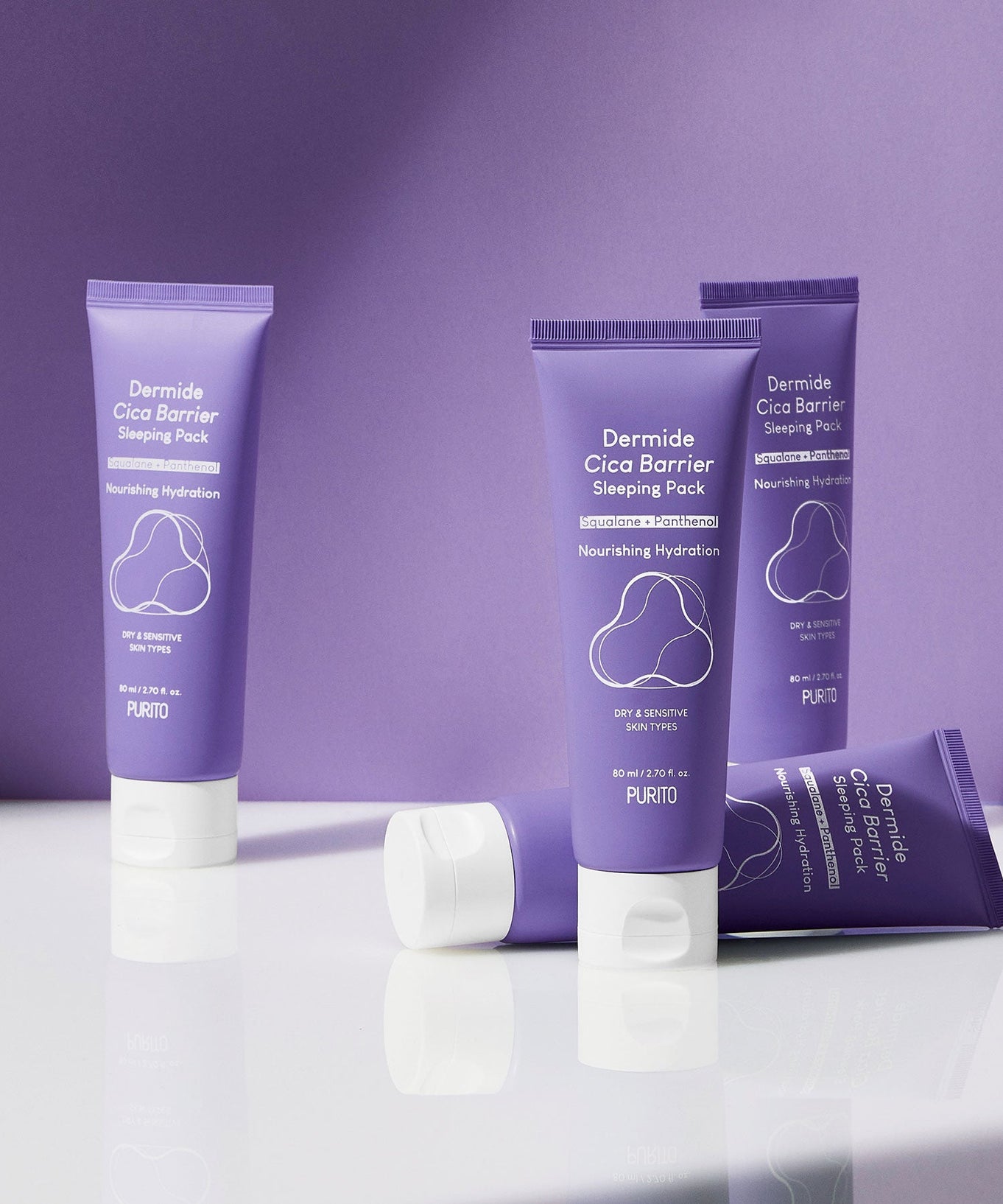 PURITO Dermaid Cica Barrier Sleeping Pack 80ml displayed against a purple background