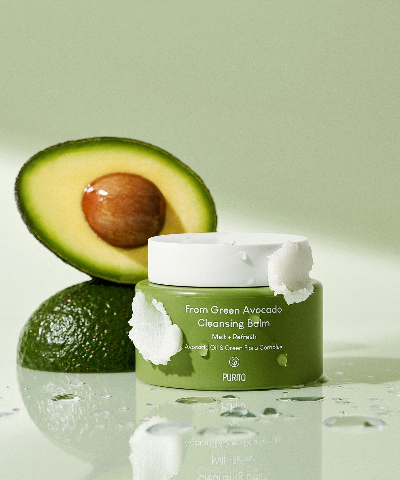 PURITO From Green Avocado Cleansing Balm 100ml displayed with fresh avocado in background.