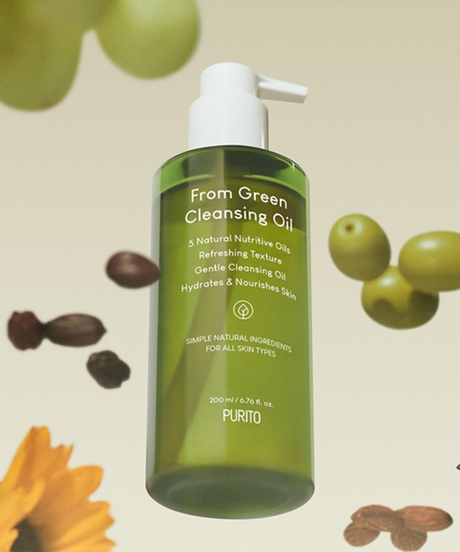 PURITO From Green Cleansing Oil 200ml bottle with natural ingredients background for skincare benefits.