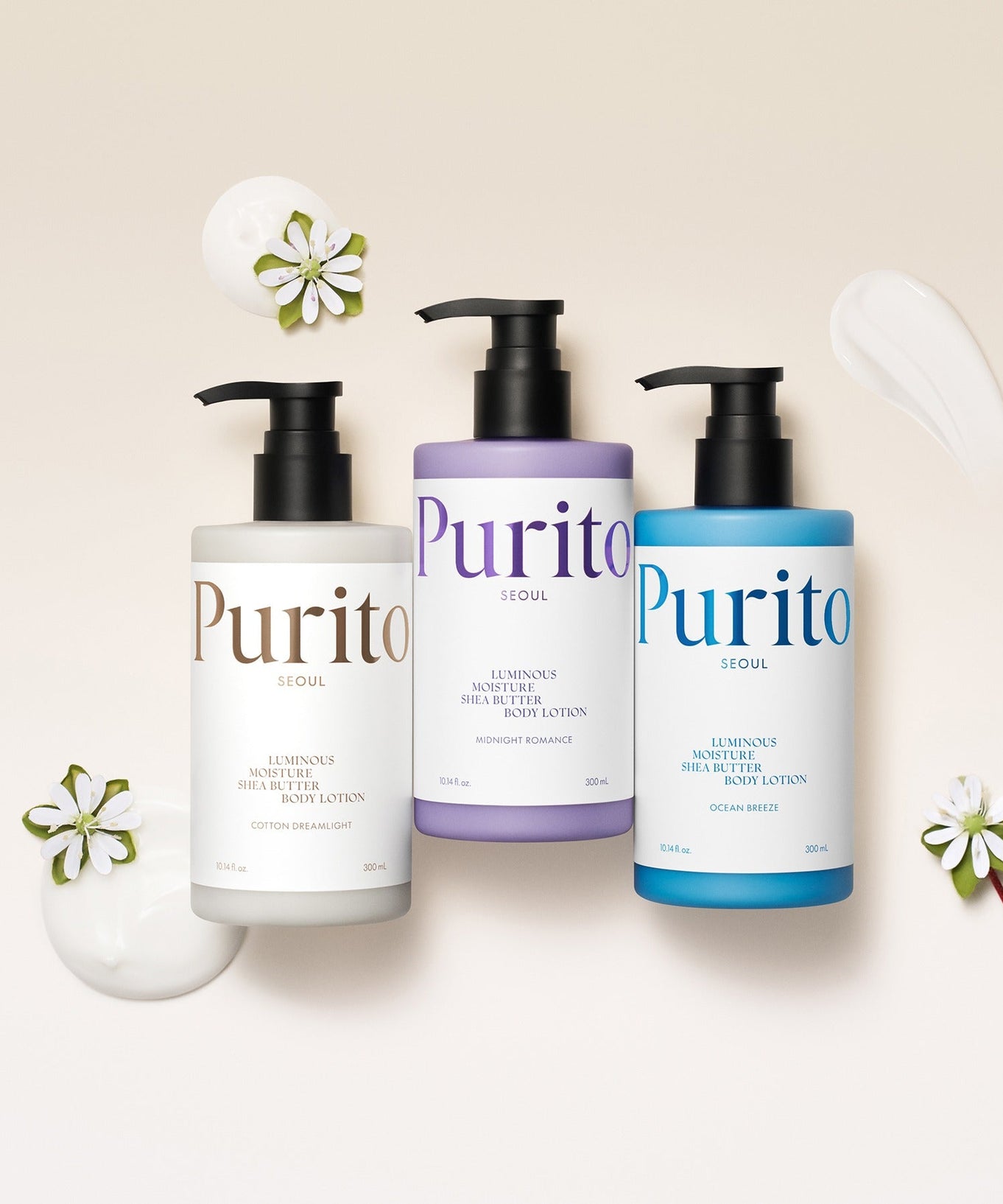 Three bottles of PURITO Luminous Moisture Shea Butter Body Lotion 300ml in assorted colors with lotion textures and flowers.