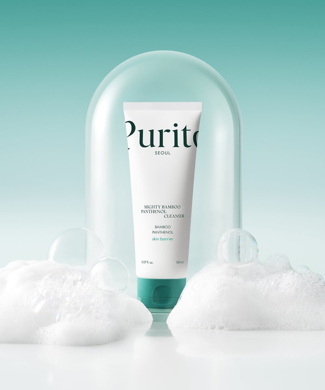 Image of PURITO Mighty Bamboo Panthenol Cleanser 150ml with bubbles on a turquoise background.
