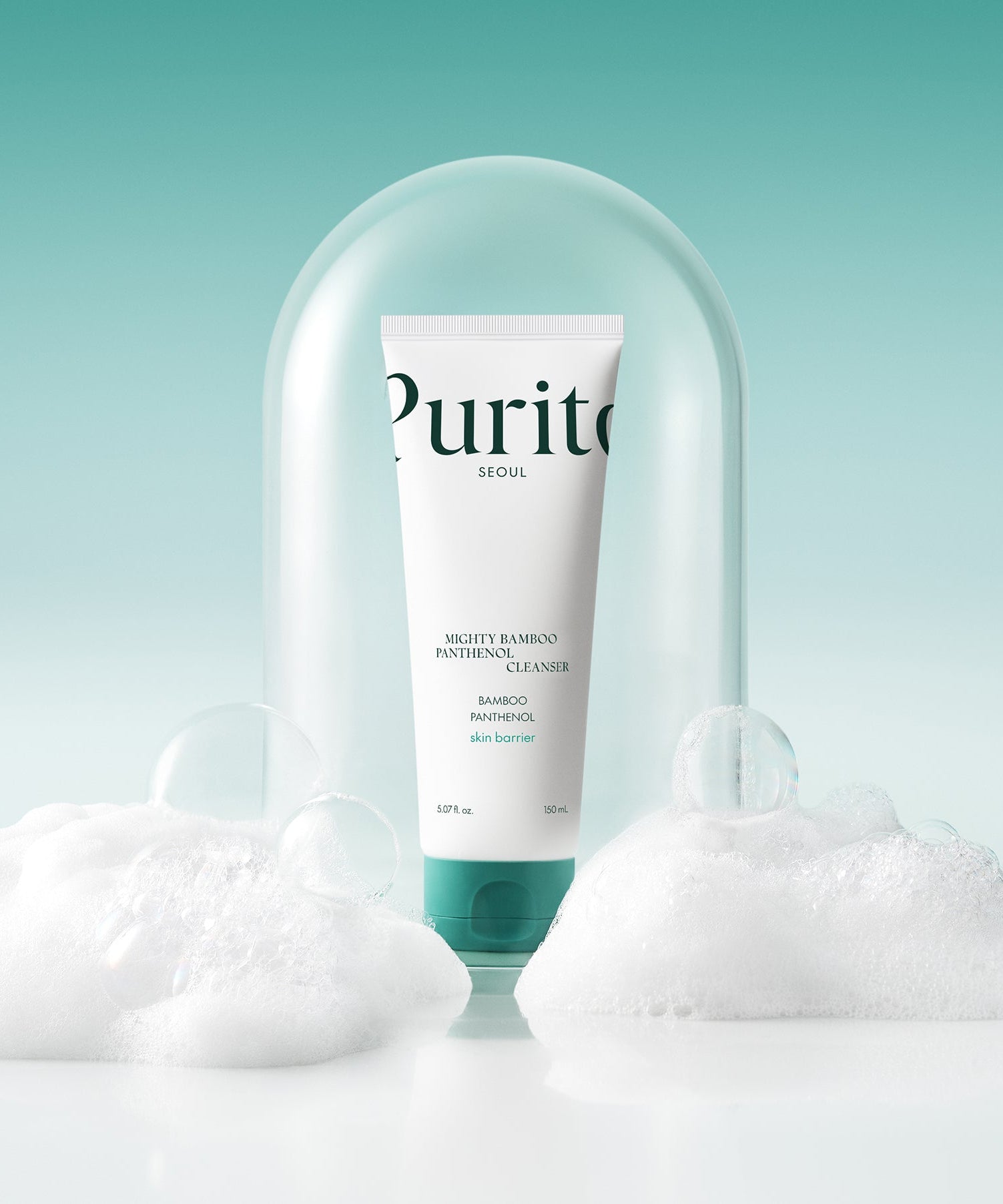 Image of PURITO Mighty Bamboo Panthenol Cleanser 150ml with bubbles on a turquoise background.