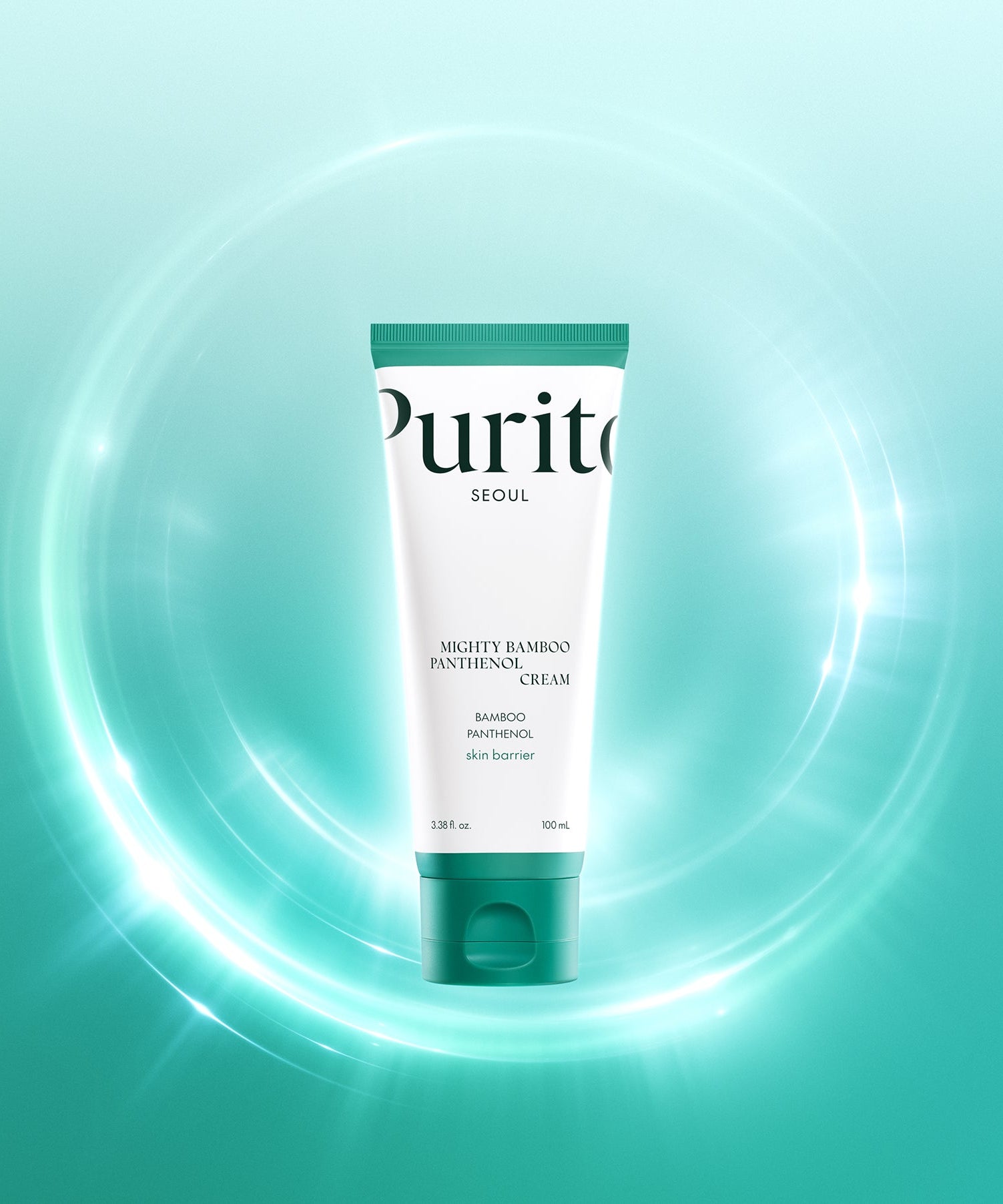 PURITO Mighty Bamboo Panthenol Cream 100ml tube with green and white packaging on a light green background.