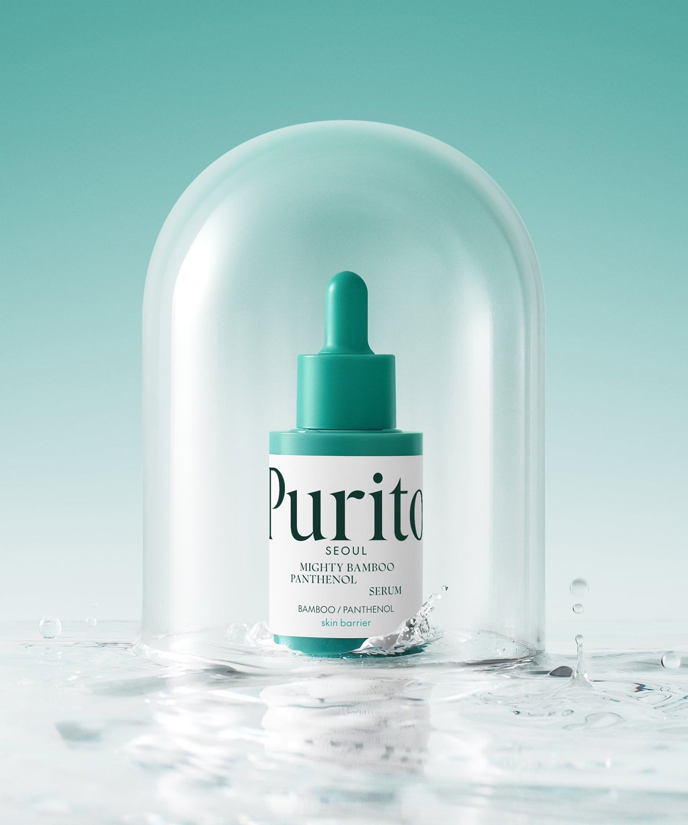 PURITO Mighty Bamboo Panthenol Serum 30ml under a glass dome on a reflective surface