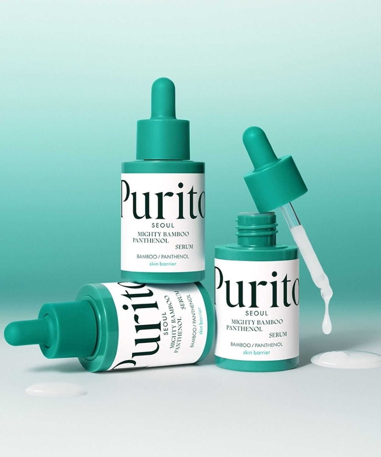 PURITO Mighty Bamboo Panthenol Serum 30ml bottles and dropper with white serum drops