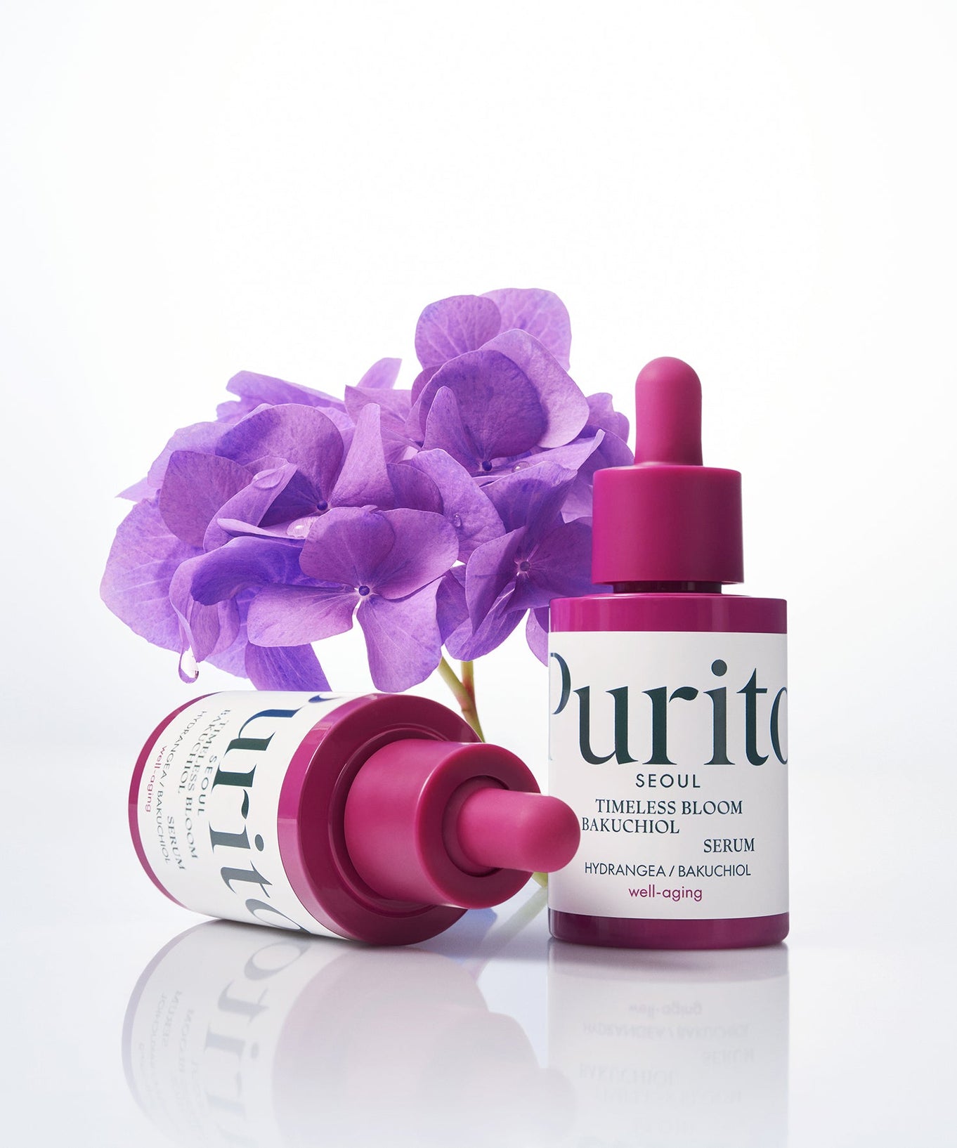 PURITO Timeless Bloom Bakuchiol Serum 30ml with purple flowers