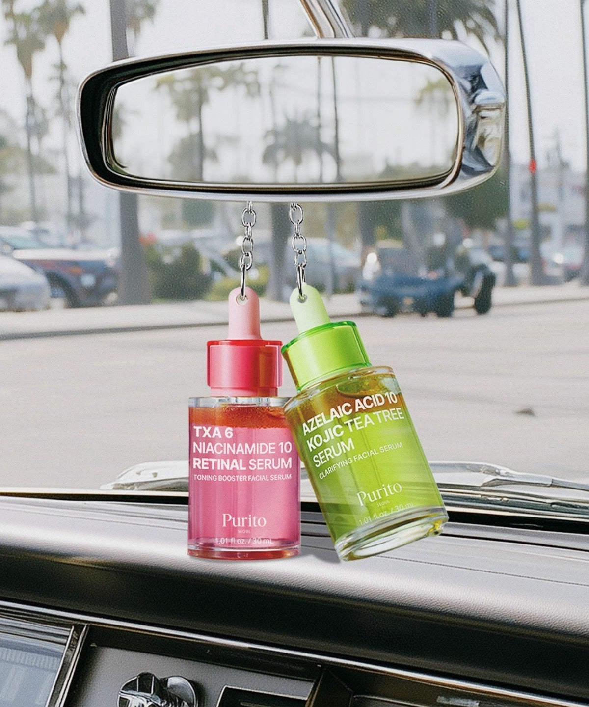 PURITO Tranexamic Acid 6 Niacinamide 10 Retinal Serum 30ml hanging in car for skincare