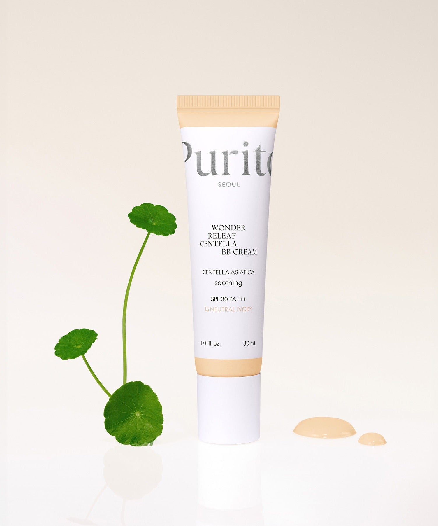 Tube of PURITO Wonder Releaf Centella BB Cream 30mml with Centella Asiatica leaves, emphasizing soothing and SPF 30 coverage.
