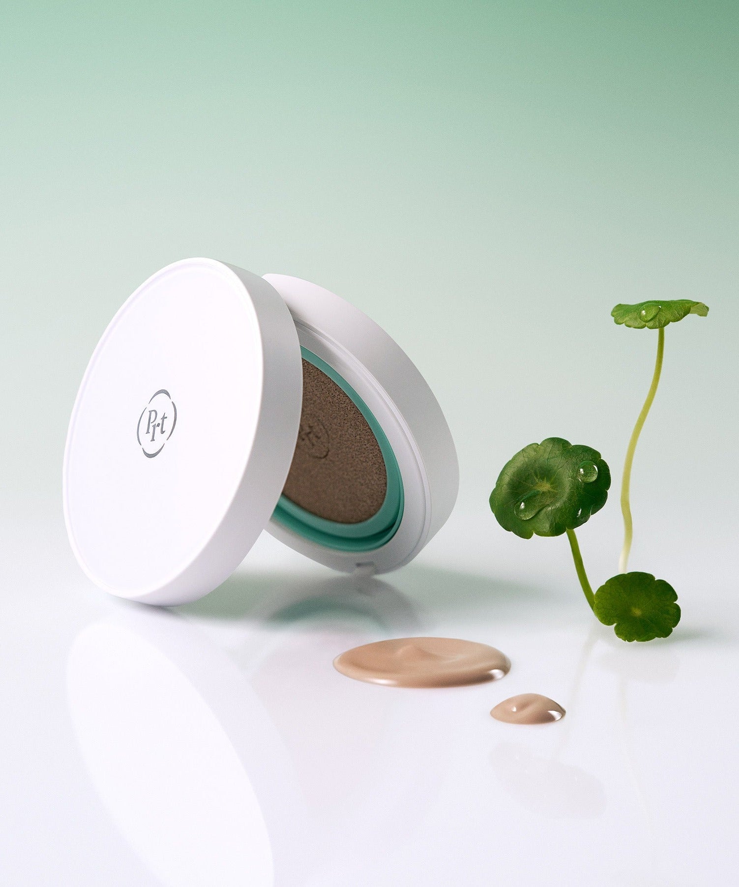 PURITO Wonder Relief Celtella BB Cushion 15g with soothing properties and natural ingredients shown with a plant on a green background.