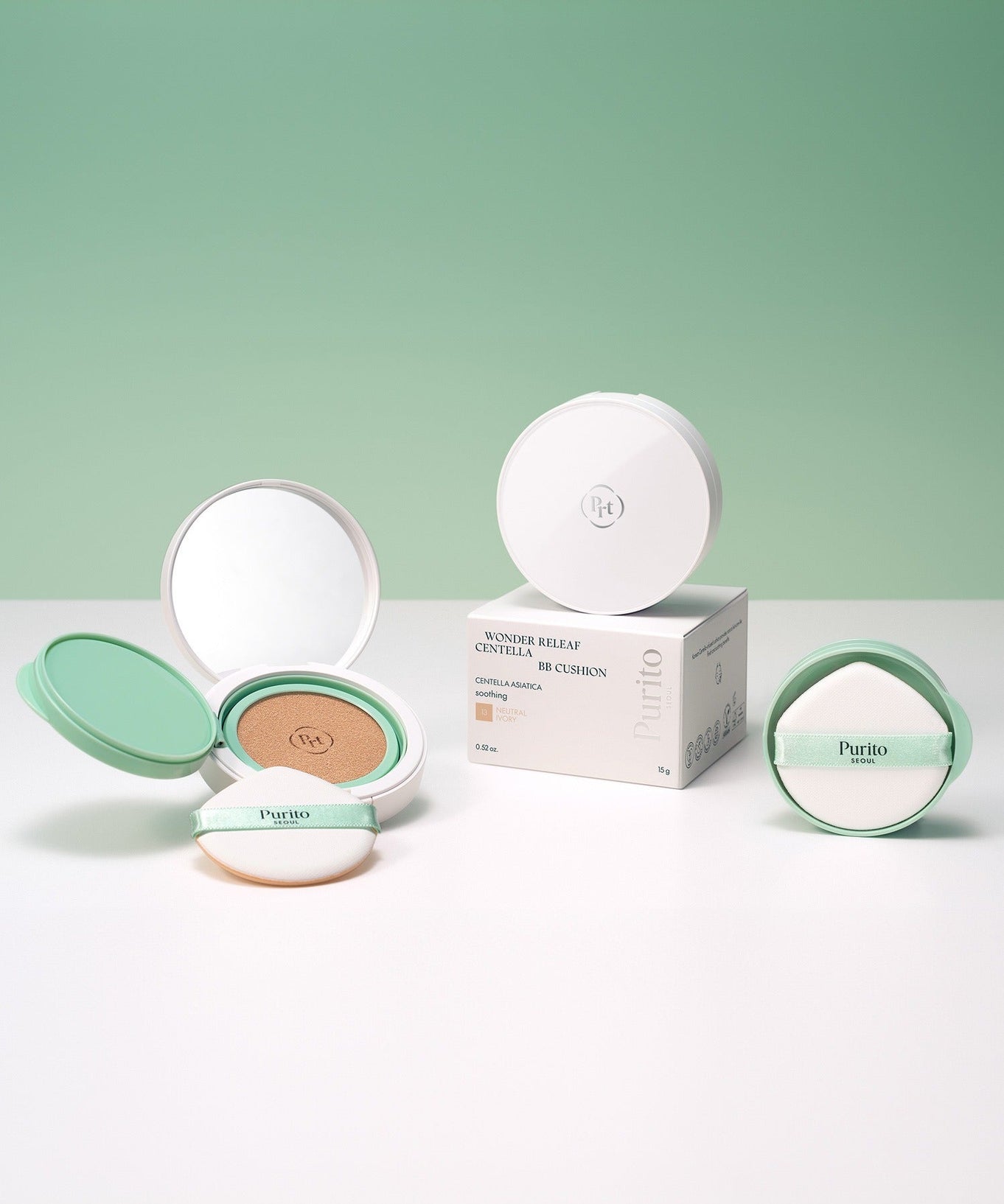 PURITO Wonder Relief Celtella BB Cushion 15g displayed with packaging on a white and green background.